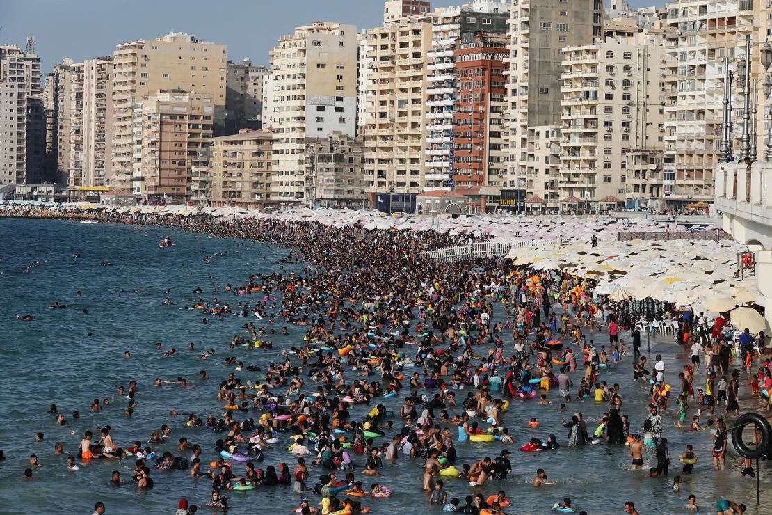 A crowded beach in Egypt's Mediterranean city of Alexandria in July 2024.