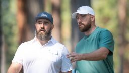 Travis Kelce and Jason Kelce during the ACC Celebrity Golf Championship presented by American Century Investments at Edgewood Tahoe Golf Course on July 12, 2024 in Stateline, Nevada.