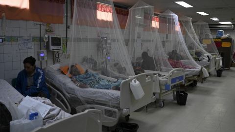 Dengue fever patients rest under a mosquito net at the Hospital Escuela Universitario in Tegucigalpa on July 12, 2024. . An outbreak of dengue fever in Central America has left a hundred dead this year, with Guatemala ing for half of the deaths, health officials reported on Friday. (Photo by Orlando SIERRA / AFP) (Photo by ORLANDO SIERRA/AFP via Getty Images)