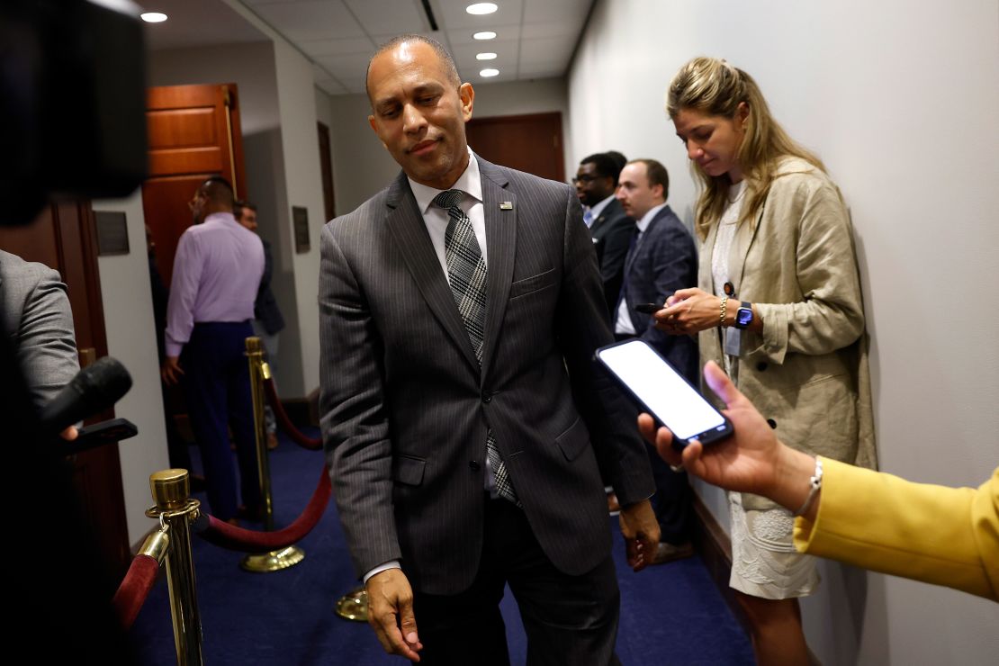 U.S. House Minority Leader Hakeem Jeffries speaks to reporters as he leaves a meeting at the U.S. Capitol on in Washington, DC July 08, 2024.