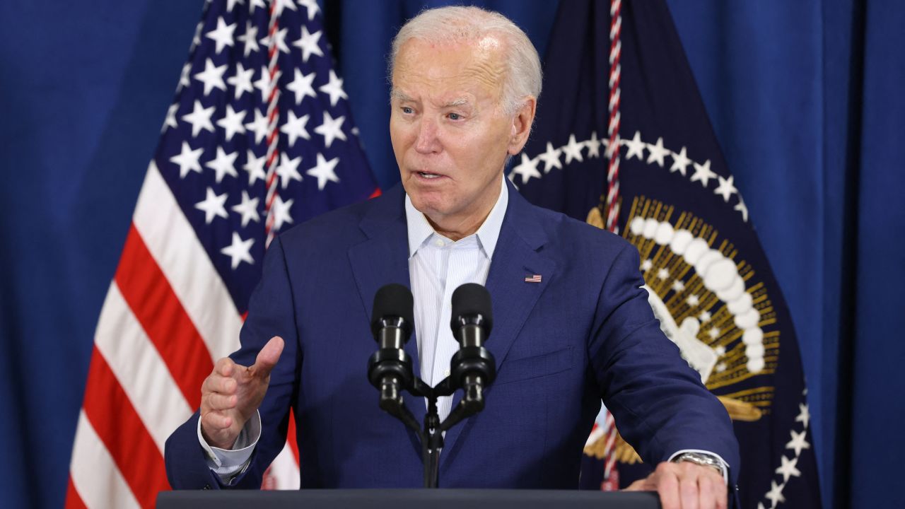 TOPSHOT - US President Joe Biden speaks after his Republican opponent Donald Trump was injured following a shooting at an election rally in Pennsylvania, at the Rehoboth Beach Police Department, in Rehoboth Beach, Delaware, July 13, 2024. US President Joe Biden led the condemnation after his election rival Donald Trump was wounded in a shooting incident at a rally in Pennsylvania July 13 that also reportedly killed at least one bystander. 
Political leaders on both sides of the aisle slammed the violence minutes after the Republican candidate was rushed off stage by the Secret Service, blood running down his face. (Photo by SAMUEL CORUM / AFP) (Photo by SAMUEL CORUM/AFP via Getty Images)