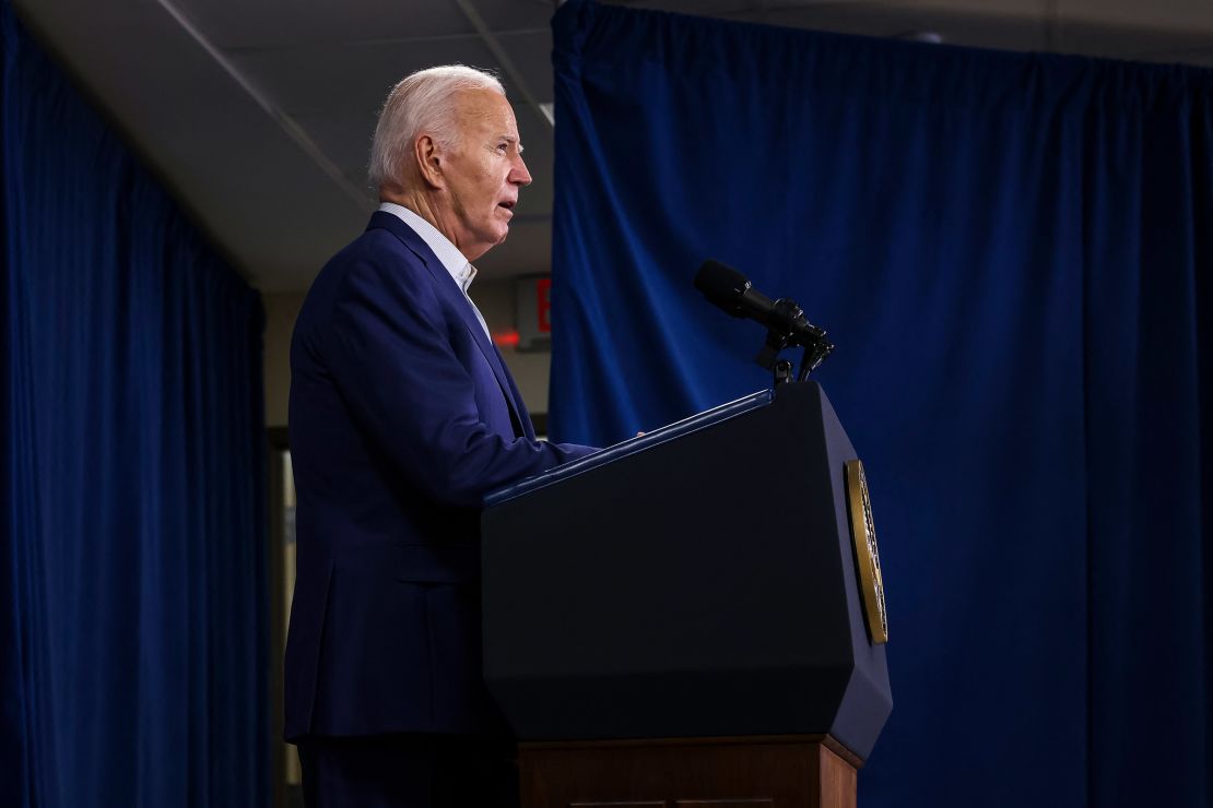 President Joe Biden speaks after at the Rehoboth Beach Police Department, in Rehoboth Beach, Delaware, after Donald Trump was shot in Pennsylvania on July 13, 2024.