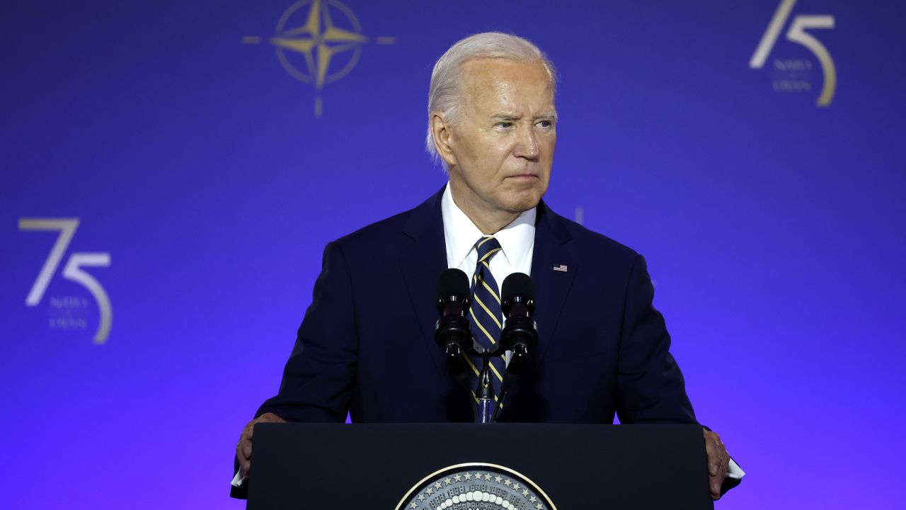 President Joe Biden delivers remarks during the NATO 75th anniversary celebratory event at the Andrew Mellon Auditorium on July 9, 2024 in Washington, DC.
