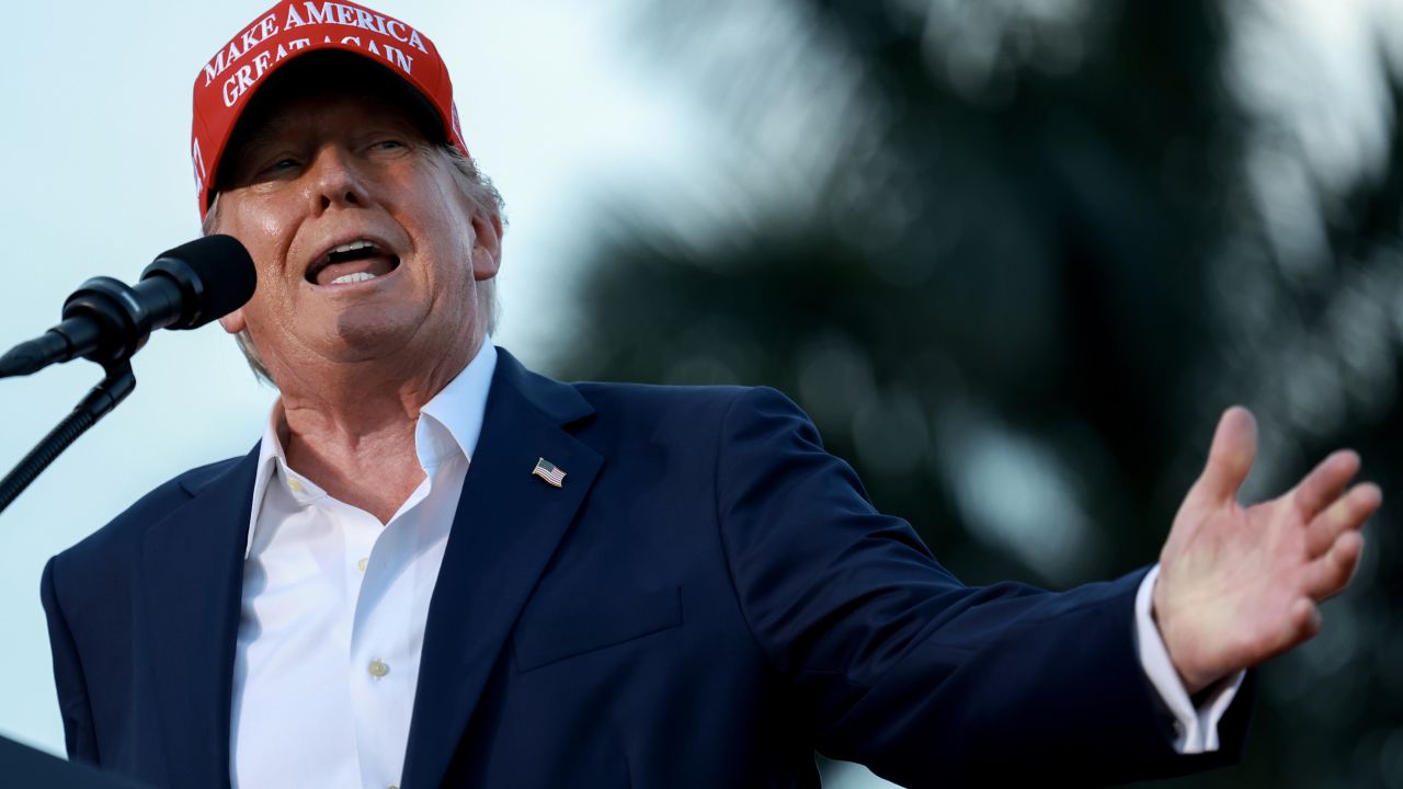 DORAL, FLORIDA - JULY 09: Former President Donald Trump speaks during his campaign rally at the Trump National Doral Golf Club on July 09, 2024 in Doral, Florida. Trump continues to campaign ahead of the Republican National Convention which begins on July 15. (Photo by Joe Raedle/Getty Images)