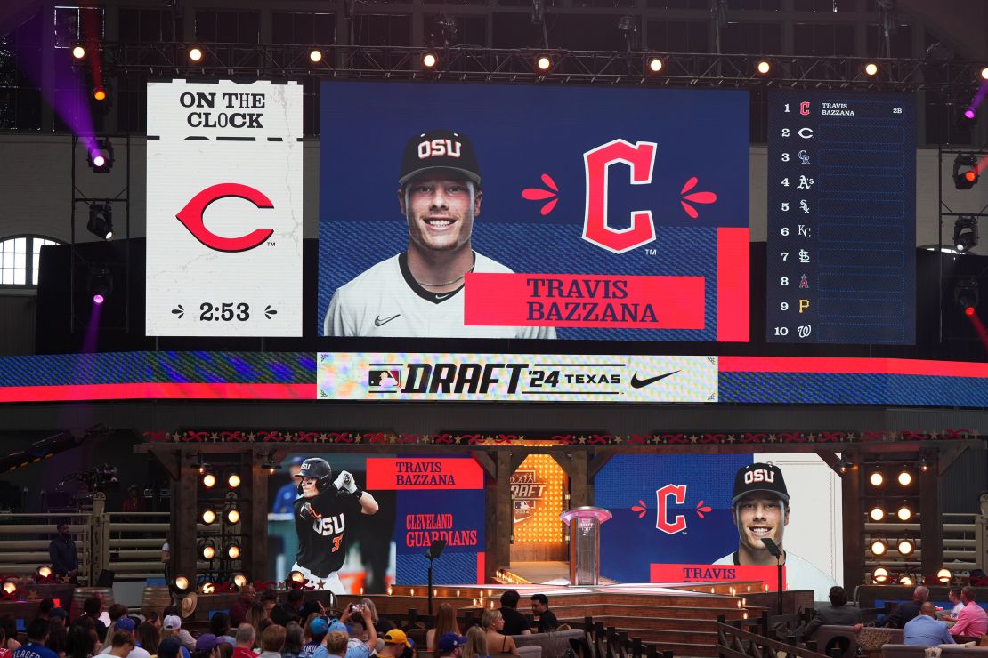 FORT WORTH, TX - JULY 14: A general view of the stage after Travis Bazzana was selected first overall by the Cleveland Guardians during the 2024 MLB Draft presented by Nike at Cowtown Coliseum on Sunday, July 14, 2024 in Fort Worth, Texas. (Photo by Sam Hodde/MLB Photos via Getty Images)