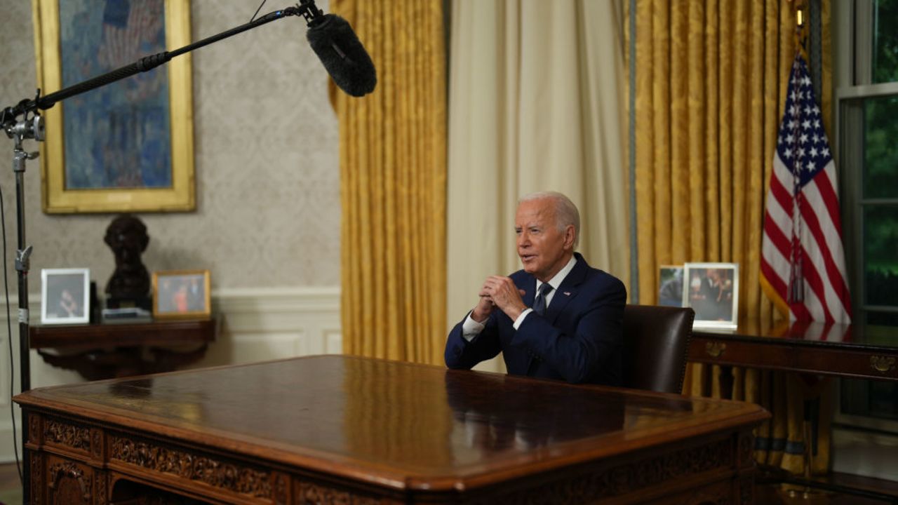 WASHINGTON, DC - JULY 15: U.S. President Joe Biden delivers a nationally televised address from the Oval Office of the White House on July 15, 2024 in Washington, DC. The president was expected to expound on remarks given at a news conference earlier in the day on yesterday's shooting in Butler, Pennsylvania, in which former U.S. President Donald Trump was injured at a campaign rally. (Photo by Erin Schaff-Pool/Getty Images)
