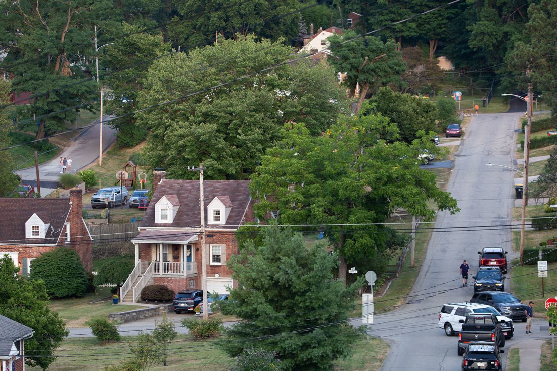 Police block roads around the home of Thomas Matthew Crooks in Bethel Park, Pennsylvania, on Monday, as the FBI continues its investigation into the attempted assassination of former President Donald Trump.