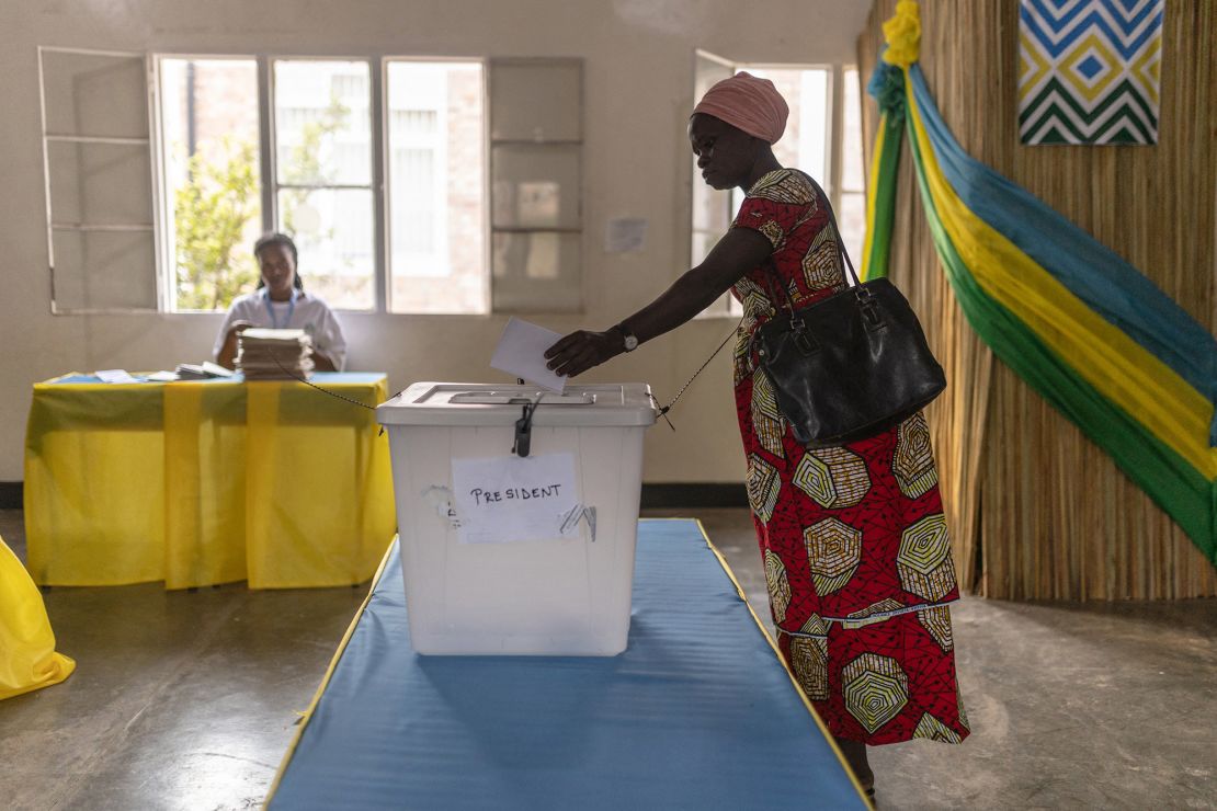 A voter casts her ballot at a polling station in Kigali on Monday during Rwanda's presidential and parliamentary elections.