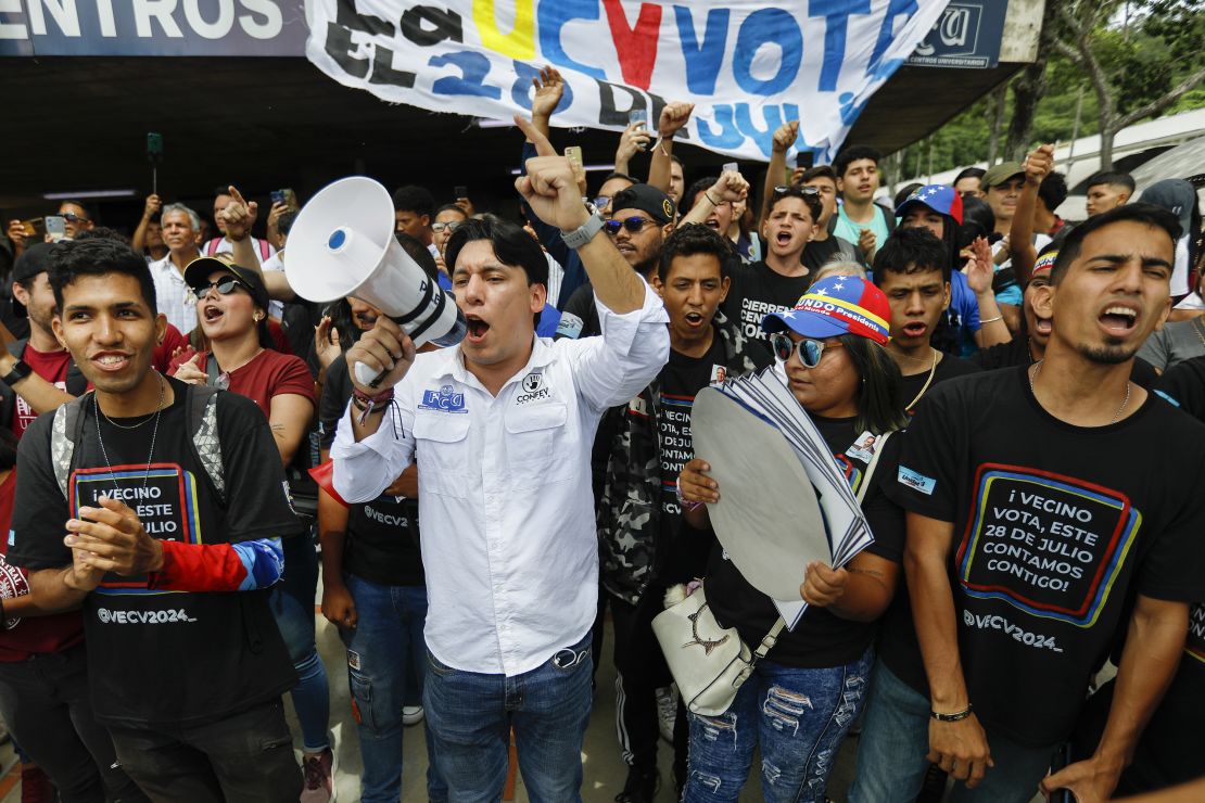 CARACAS, VENEZUELA - JULY 14: Young supporters shout slogans during a meeting with Venezuelan opposition presidential candidate Edmundo Gonzalez and opposition leader Maria Corina Machado at the Central University of Venezuela UCV in Caracas, Venezuela, on Sunday, July 14, 2024. (Photo by Pedro Rances Mattey/Anadolu via Getty Images)