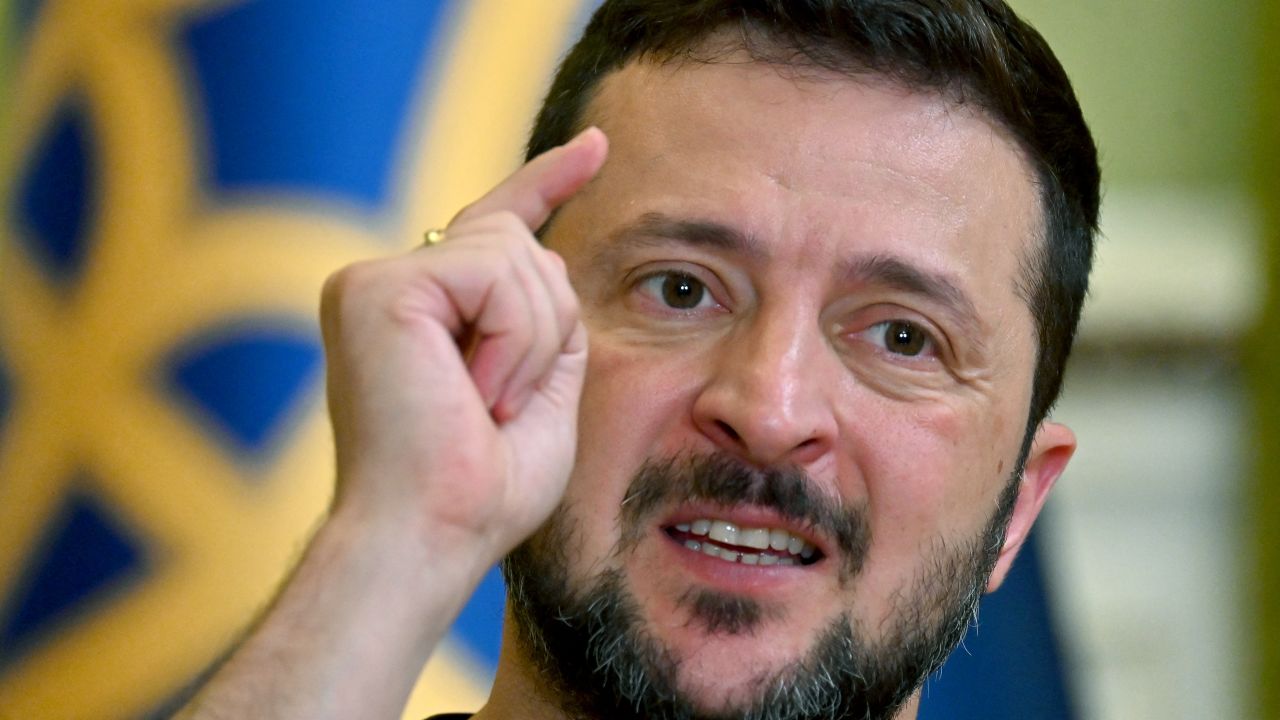 TOPSHOT - Ukraine's President Volodymyr Zelensky gestures as he speaks during his press-conference in Kyiv on July 15, 2024, amid Russian invasion in Ukraine. Ukrainian President Volodymyr Zelensky said on July 15,2024, that Russia should be represented at a second summit aiming to secure lasting peace with the Kremlin, after more than two years of war. (Photo by Sergei SUPINSKY / AFP) (Photo by SERGEI SUPINSKY/AFP via Getty Images)