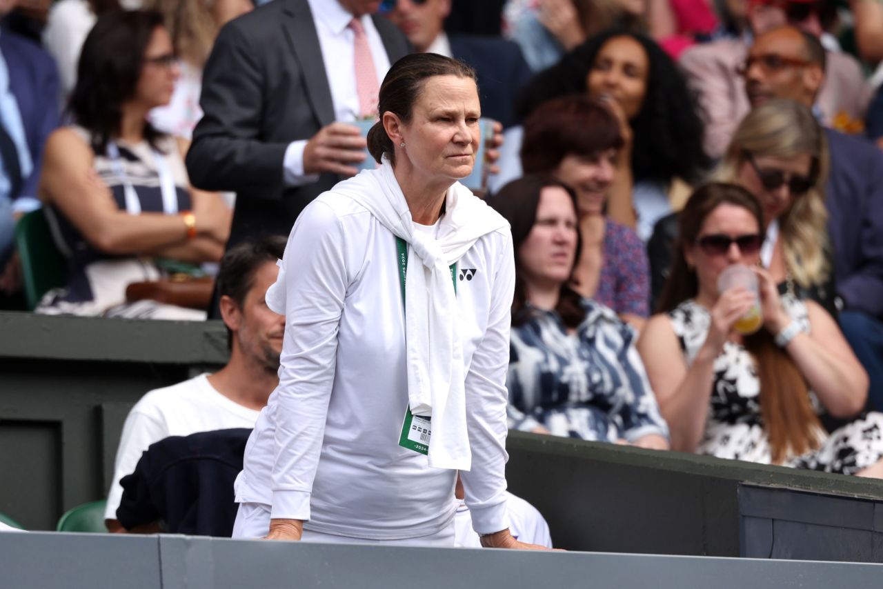 Pam Shriver looks on during a match at Wimbledon in July 2024 in London.