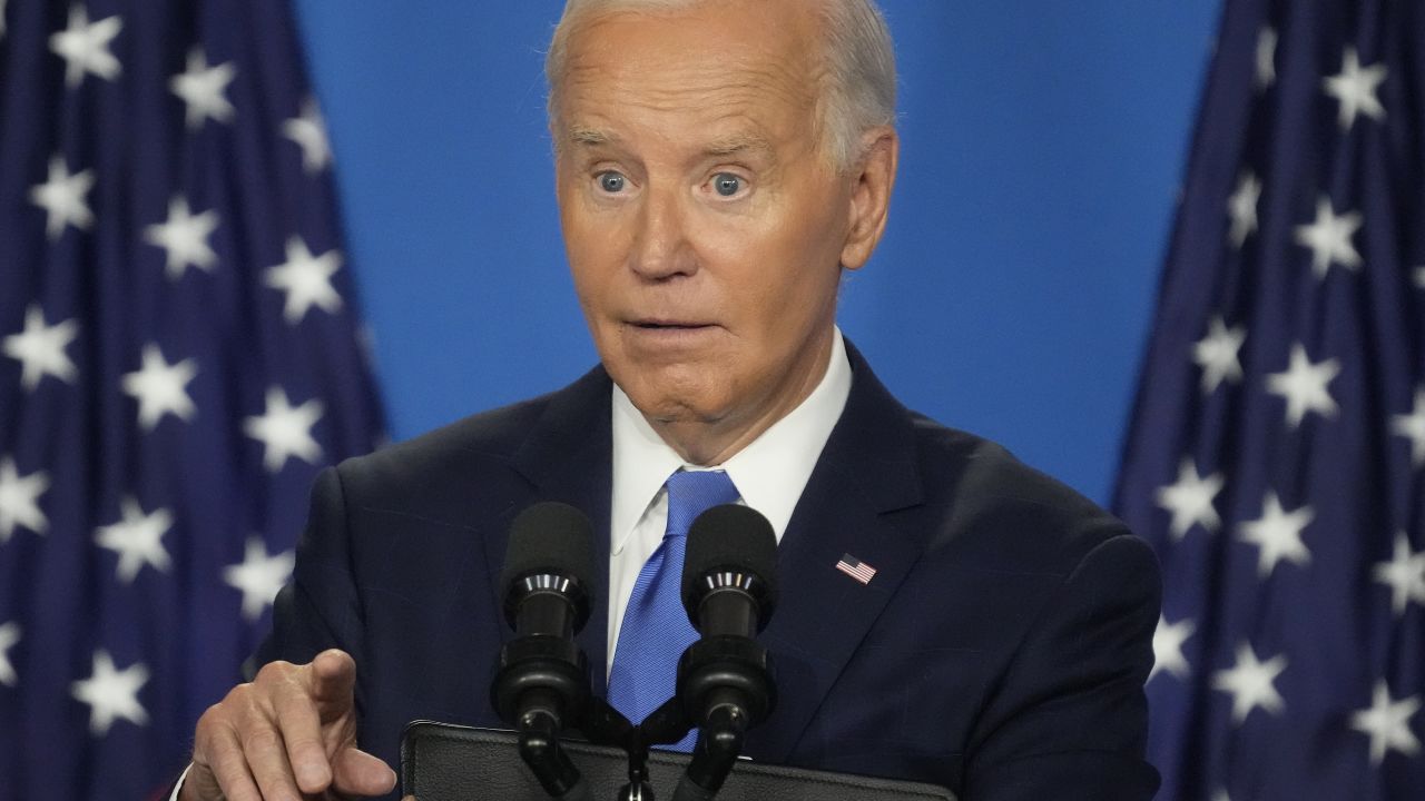 WASHINGTON, DC - JULY 11: U.S. President Joe Biden holds news conference at the 2024 NATO Summit on July 11, 2024 in Washington, DC. NATO leaders convene in Washington this week for the annual summit to discuss future strategies and commitments and mark the 75th anniversary of the alliance’s founding. (Photo by Kent Nishimura/Getty Images)