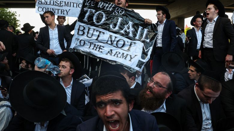 Ultra-Orthodox Jewish men protest against the draft on July 16, 2024, in Bnei Brak, Israel.