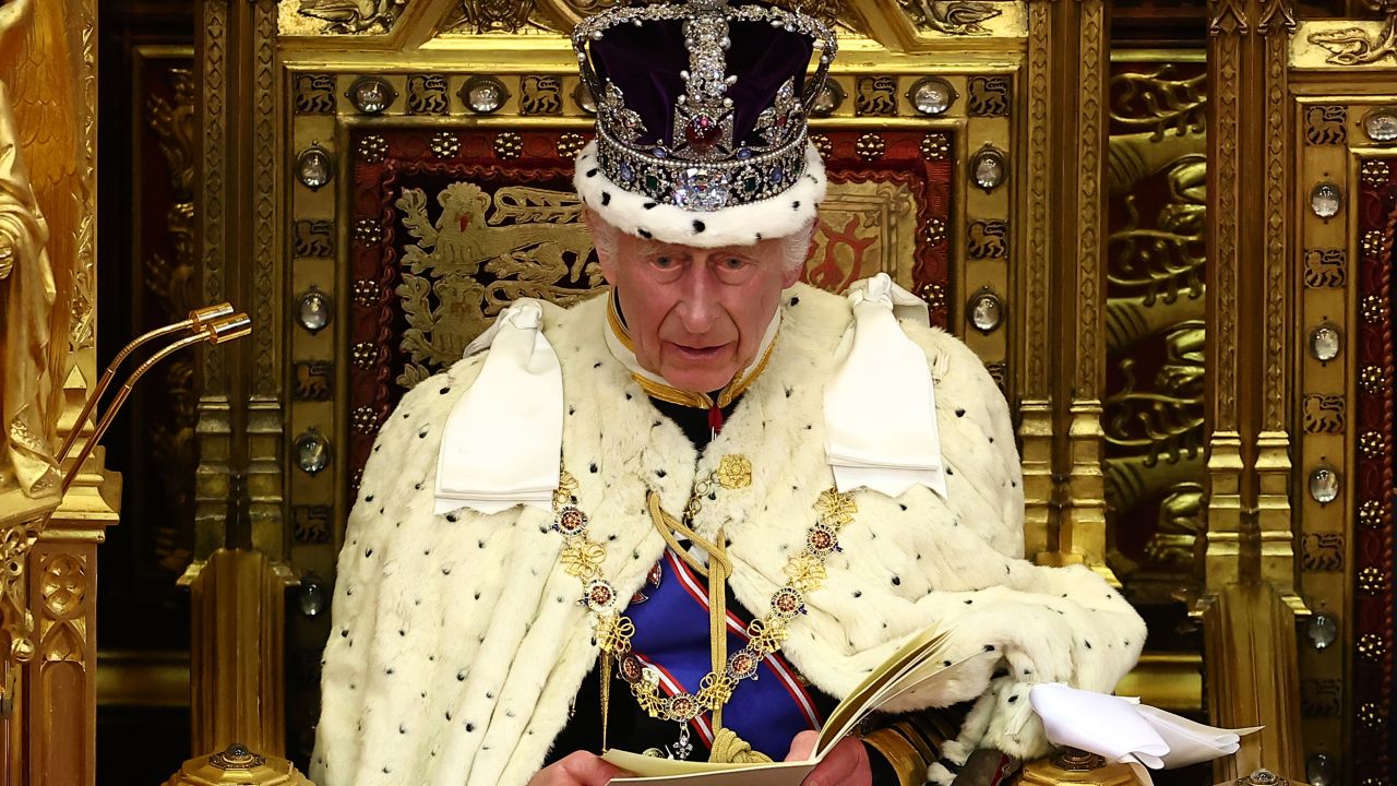 LONDON, ENGLAND - JULY 17: King Charles III, wearing the Imperial State Crown and the Robe of State, reads the King's Speech from the The Sovereign's Throne in the House of Lords chamber, during the State Opening of Parliament, at the Houses of Parliament, on July 17, 2024 in London, England. King Charles III delivers the King's Speech setting out the new Labour government's policies and proposed legislation for the coming parliamentary session. (Photo by Henry Nicholls  - WPA Pool/Getty Images)