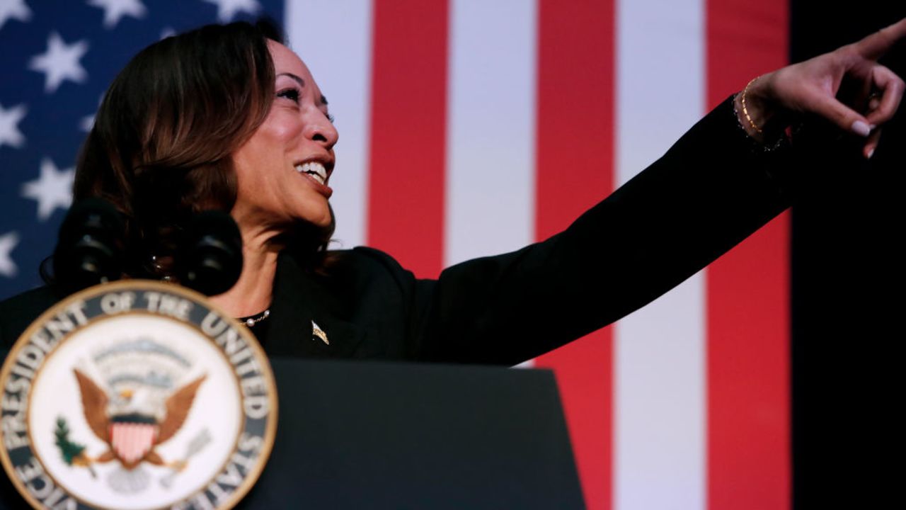 KALAMAZOO, MICHIGAN - JULY 17: US Vice President Kamala Harris attends a moderated conversation with former Trump administration national security official Olivia Troye and former Republican voter Amanda Stratton on July 17, 2024 in Kalamazoo, Michigan. Harris' visit, following the attempted assassination of former President Trump, makes this her fourth trip to Michigan this year and seventh visit since taking office. (Photo by Chris duMond/Getty Images)