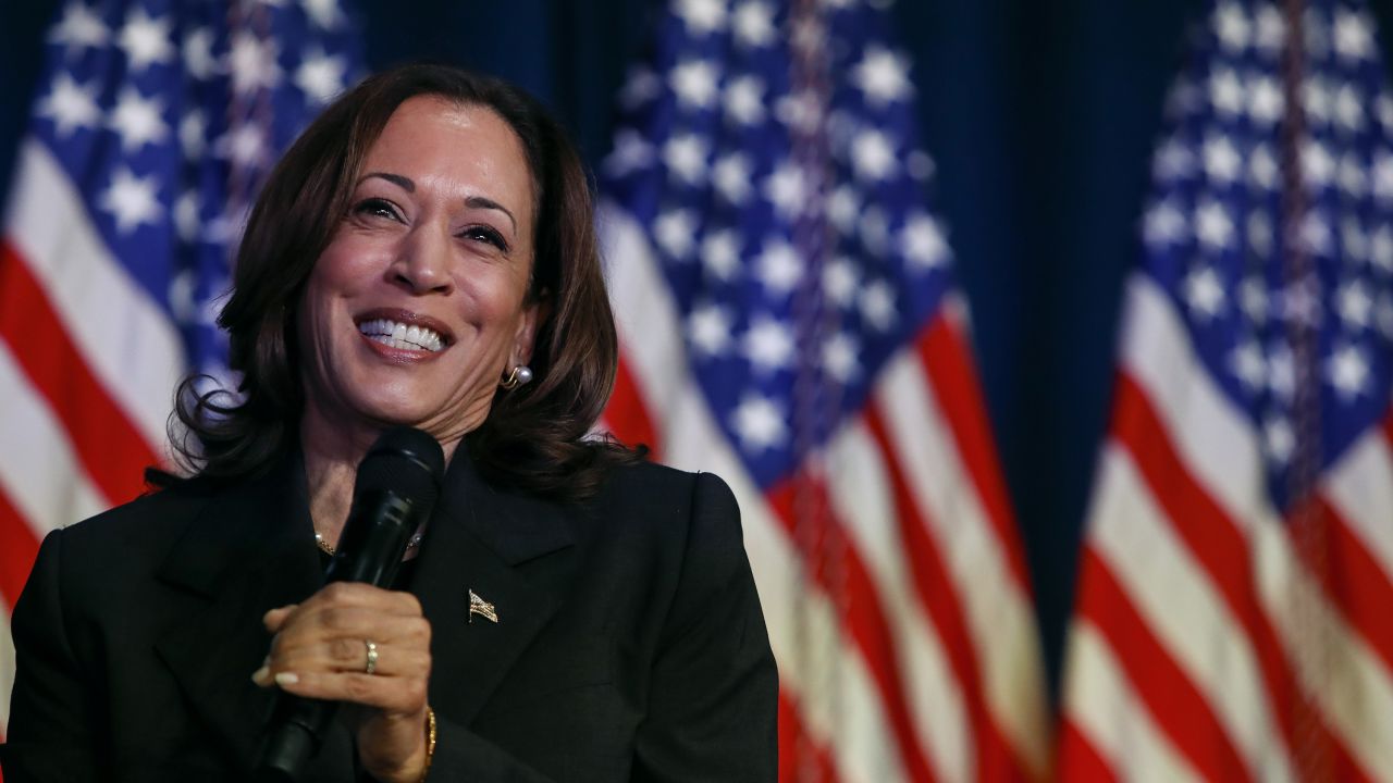 KALAMAZOO, MICHIGAN - JULY 17: US Vice President Kamala Harris speaks at a moderated conversation with former Trump administration national security official Olivia Troye and former Republican voter Amanda Stratton on July 17, 2024 in Kalamazoo, Michigan. Harris' visit, following the attempted assassination of former President Trump, makes this her fourth trip to Michigan this year and seventh visit since taking office. (Photo by Chris duMond/Getty Images)