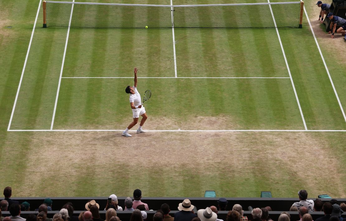 Alcaraz serves against Medvedev in the semifinal match on Friday.