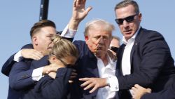 BUTLER, PENNSYLVANIA - JULY 13: Republican presidential candidate former President Donald Trump is rushed offstage during a rally on July 13, 2024 in Butler, Pennsylvania. (Photo by Anna Moneymaker/Getty Images)