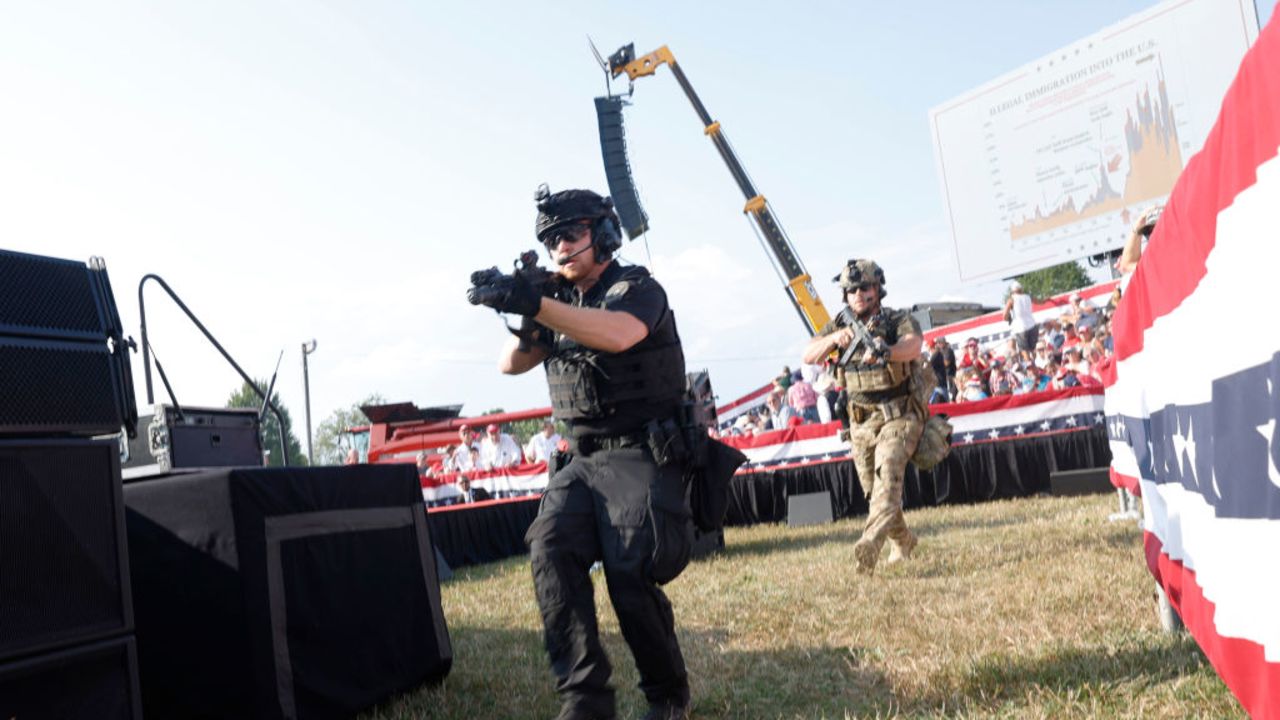 BUTLER, PENNSYLVANIA - JULY 13: Law enforcement officers move during a rally on July 13, 2024 in Butler, Pennsylvania. Butler County district attorney Richard Goldinger said the shooter is dead after injuring former U.S. President Donald Trump, killing one audience member and injuring another in the shooting. (Photo by Anna Moneymaker/Getty Images)