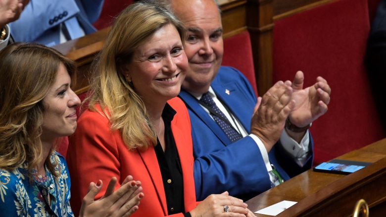 Braun-Pivet reacts after being reelected at the French National Assembly in Paris on July 18, 2024.
