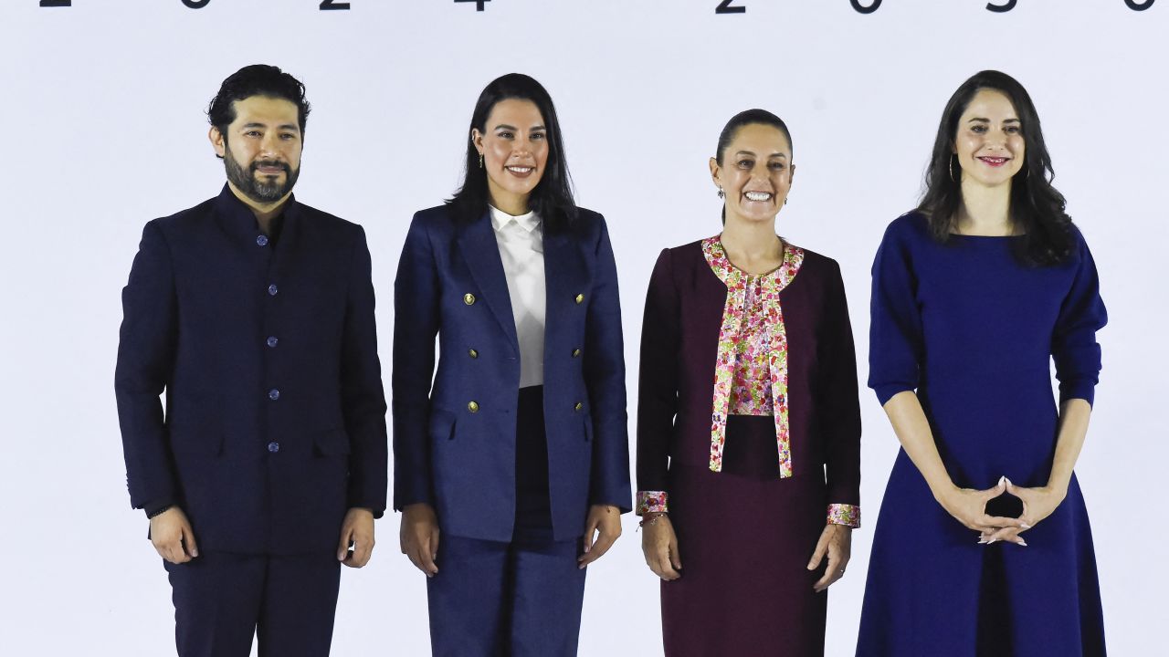 Mexico's President-elect Claudia Sheinbaum (2nd R) poses next to her appointed ministers: (L to R) Secretary of Labor and Social Welfare Marath Baruch Bolaños Lopez, Secretary of Tourism Josefina Rodriguez Zamora, and Secretary of Culture Claudia Curiel de Icaza, during the presentation of part of her cabinet at the Museum of Economics in Mexico City, Mexico on July 18, 2024. (Photo by Rodrigo Oropeza / AFP) (Photo by RODRIGO OROPEZA/AFP via Getty Images)