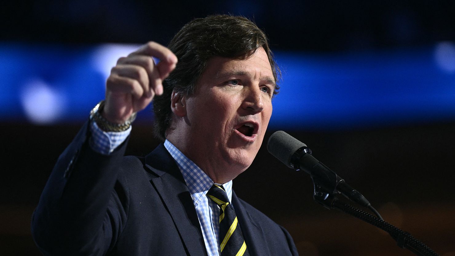 Tucker Carlson speaks at the 2024 Republican National Convention in Milwaukee on July 18, 2024.