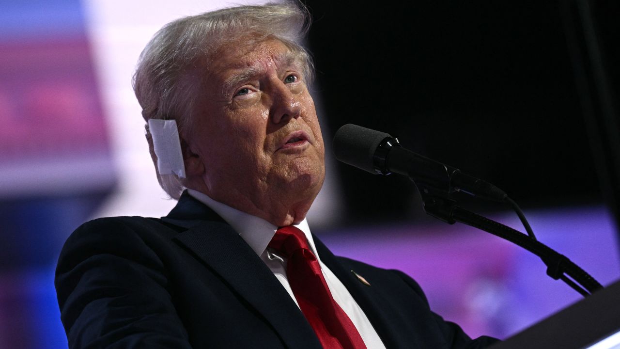 Former US President and 2024 Republican presidential candidate Donald Trump accepts his party's nomination on the last day of the 2024 Republican National Convention at the Fiserv Forum in Milwaukee, Wisconsin, on July 18, 2024. Days after he survived an assassination attempt Trump won formal nomination as the Republican presidential candidate and picked Ohio US Senator J.D. Vance for running mate. (Photo by Brendan SMIALOWSKI / AFP) (Photo by BRENDAN SMIALOWSKI/AFP via Getty Images)