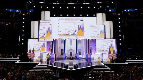 Charts displaying illegal immigration in the United States displayed as former US President Donald Trump speaks during the Republican National Convention (RNC) at the Fiserv Forum in Milwaukee, Wisconsin, US, on Thursday, July 18, 2024. The RNC chairman warned against complacency when his party concludes its official nominating jamboree this week with polls predicting ex-President Donald Trump prevailing over President Joe Biden in the November election. Photographer: Hannah Beier/Bloomberg via Getty Images