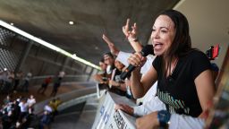 CARACAS, VENEZUELA - JULY 14: Opposition leader Maria Corina Machado gives a speech with opposition candidate Edmundo Gonzalez Urrutia, during a rally at Universidad Central de Venezuela on July 14, 2024 in Caracas, Venezuela. (Photo by Jesus Vargas/Getty Images)