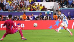 MIAMI GARDENS, FLORIDA - JULY 14: Lautaro Martinez of Argentina scores the team's first goal during the CONMEBOL Copa America 2024 Final match between Argentina and Colombia at Hard Rock Stadium on July 14, 2024 in Miami Gardens, Florida. (Photo by Maddie Meyer/Getty Images)