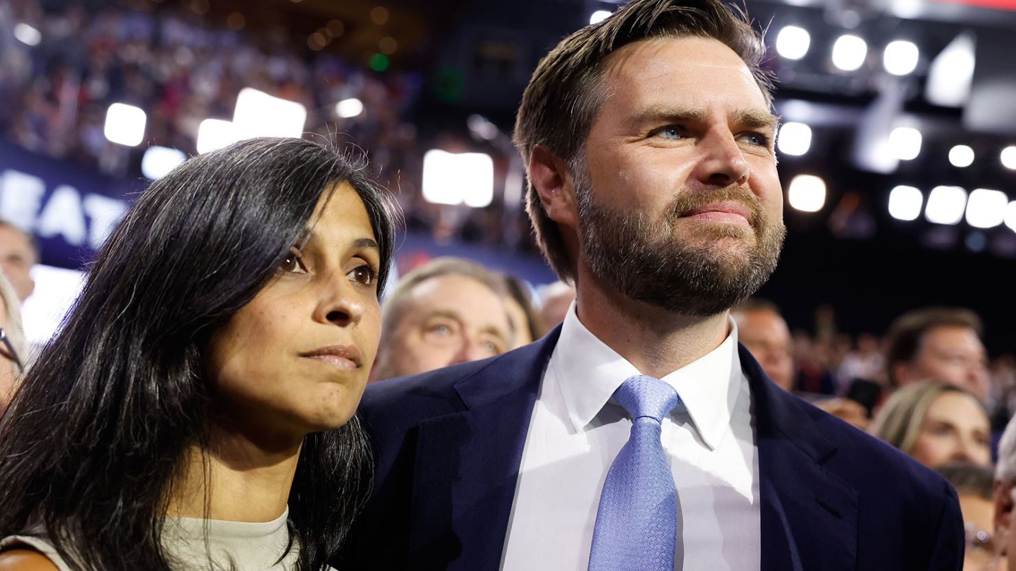 Ohio Sen. JD Vance and his wife, Usha Vance, look on as he is nominated for vice president on the first day of the Republican National Convention in Milwaukee on July 15, 2024.