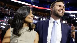 MILWAUKEE, WISCONSIN - JULY 15: U.S. Sen. J.D. Vance (R-OH) and  his wife Usha Chilukuri Vance look on as he is nominated for the office of Vice President on the first day of the Republican National Convention at the Fiserv Forum on July 15, 2024 in Milwaukee, Wisconsin. Delegates, politicians, and the Republican faithful are in Milwaukee for the annual convention, concluding with former President Donald Trump accepting his party's presidential nomination. The RNC takes place from July 15-18. (Photo by Anna Moneymaker/Getty Images)