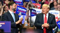 Former US President and 2024 presidential nominee Donald Trump (R) with US Senator and vice presidential nominee J.D. Vance attend their first campaign rally together at Van Andel Arena in Grand Rapids, Michigan, on July 20, 2024. (Photo by Jim WATSON / AFP) (Photo by JIM WATSON/AFP via Getty Images)