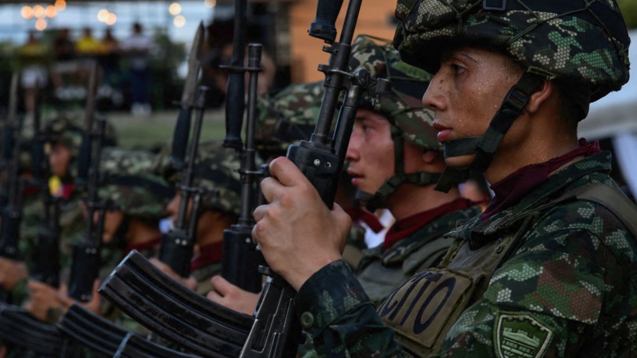 Members of the Colombian Army take part in the military parade to commemorate Colombia's Independence Day in Tibu, North Santander Department, Colombia, on July 20, 2024. It is the first time that this military parade is held in this town with the active participation of the security forces and the community. Tibu has been marked by violence in recent years due to the presence of illegal groups such as FARC dissidents and ELN guerrillas. (Photo by Schneyder Mendoza / AFP) (Photo by SCHNEYDER MENDOZA/AFP via Getty Images)