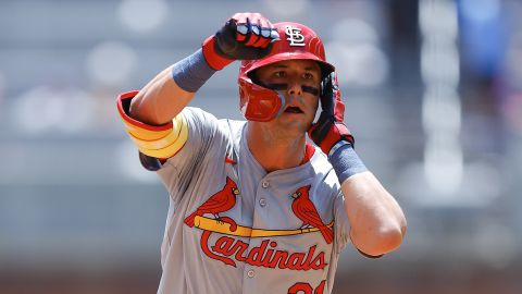 ATLANTA, GEORGIA - JULY 21: Lars Nootbaar #21 of the St. Louis Cardinals reacts after hitting a home run during the fourth inning against the Atlanta Braves at Truist Park on July 21, 2024 in Atlanta, Georgia. (Photo by Todd Kirkland/Getty Images)