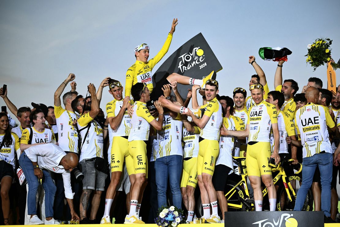 UAE Team Emirates riders celebrate Pogačar's Tour de France victory.