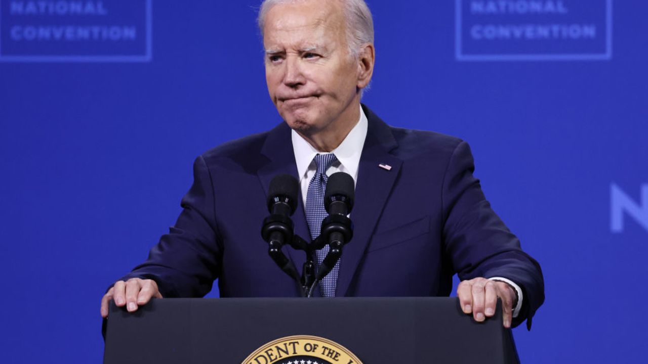 LAS VEGAS, NEVADA - JULY 16:  U.S. President Joe Biden speaks at the 115th NAACP National Convention at the Mandalay Bay Convention Center on July 16, 2024 in Las Vegas, Nevada. Biden returned to the campaign trail, delivering remarks at the NAACP convention today, and will tomorrow at the UnidosUS Annual Conference during a visit to the battleground state of Nevada. (Photo by Mario Tama/Getty Images)