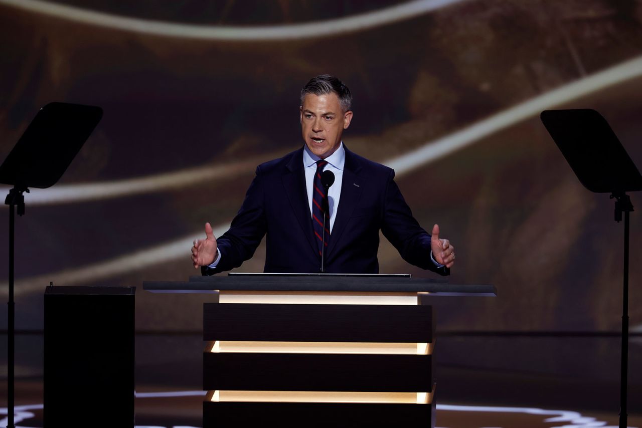 Indiana Republican Senator-elect Jim Banks speaks at the RNC in Milwaukee on July 16.