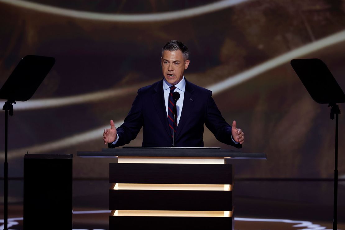 Indiana Republican U.S. Senate candidate Rep. Jim Banks speaks on stage on the second day of the Republican National Convention on July 16, 2024 in Milwaukee.