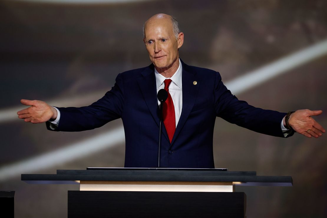 U.S. Sen. Rick Scott of Florida speaks on stage on the second day of the Republican National Convention at the Fiserv Forum on July 16, 2024 in Milwaukee, Wisconsin. (Photo by Chip Somodevilla/Getty Images)