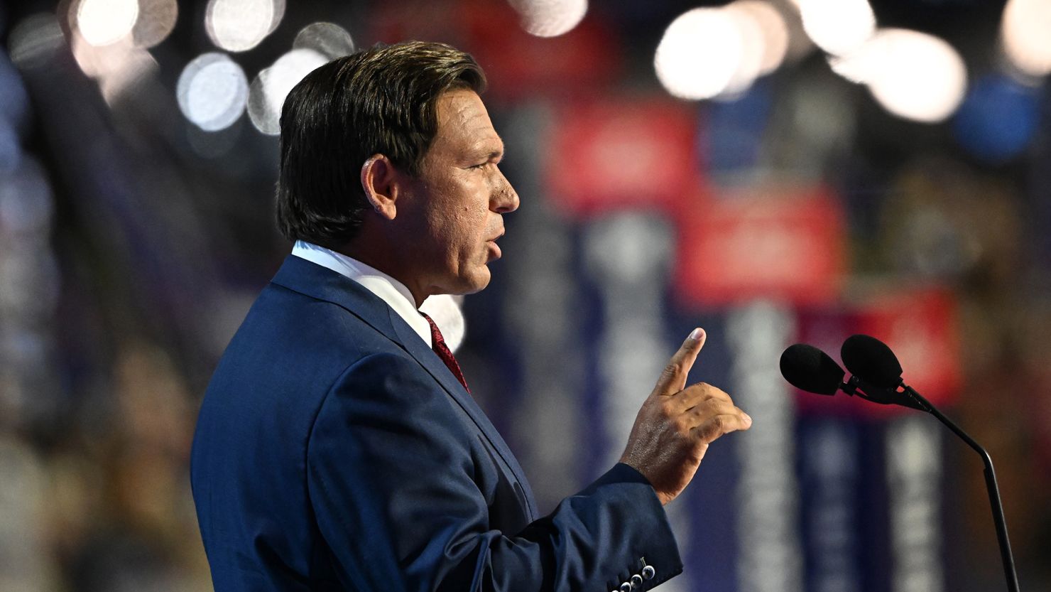 Florida Gov. Ron DeSantis speaks at the Republican National Convention on July 16, 2024 in Milwaukee, Wisconsin.