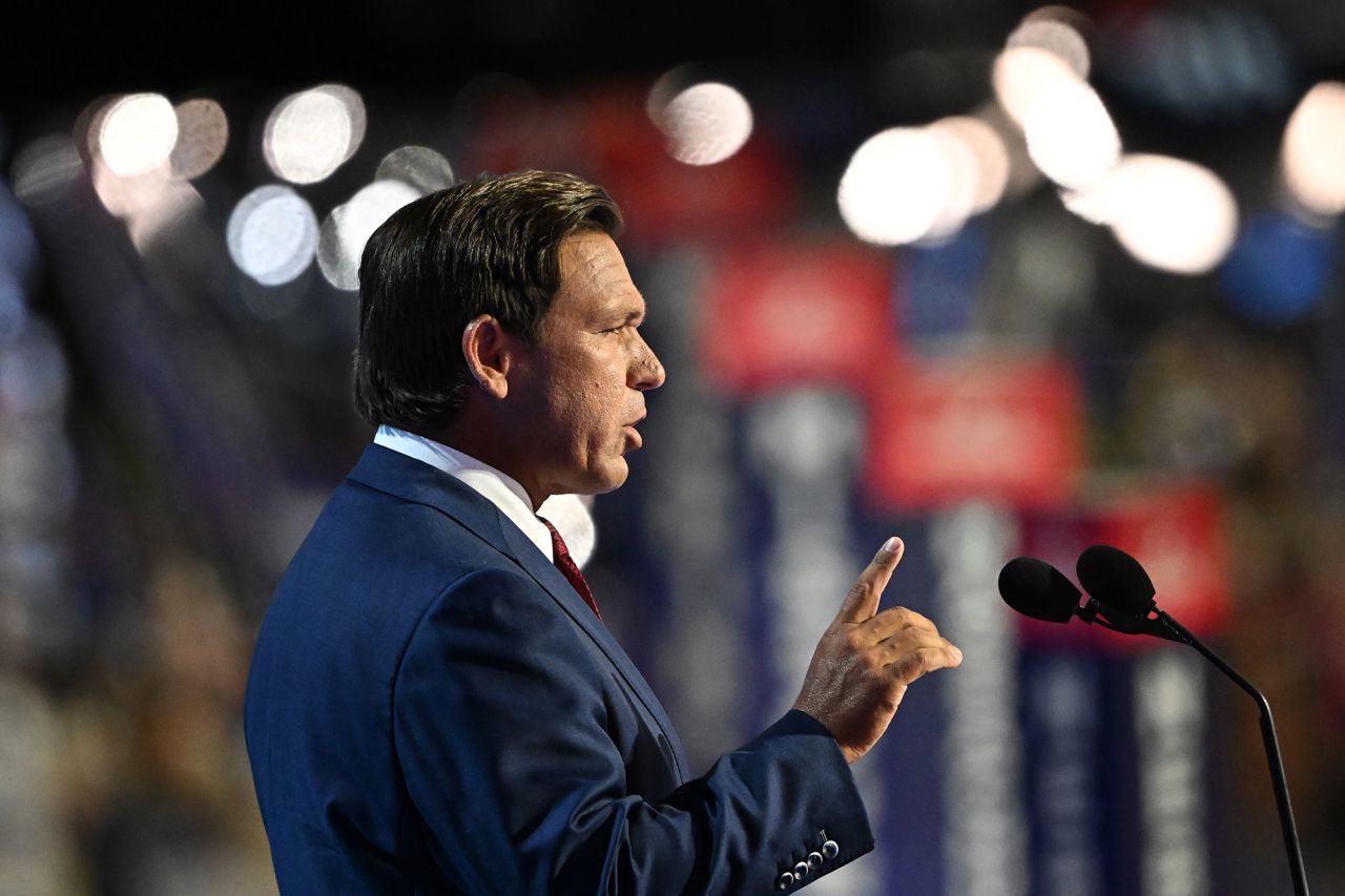 Florida Gov. Ron DeSantis speaks on stage at the Republican National Convention in Milwaukee, Wisconsin on July 16, 2024.