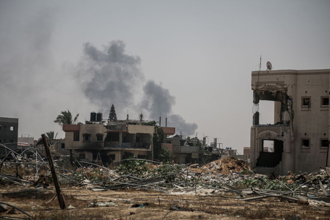 Smoke from a blast after the Israeli military issued orders to evacuate parts of the city in Khan Younis, southern Gaza, on Monday, July 22, 2024. The Israeli military ordered civilians to leave parts of the Gazan city of Khan Younis due to a renewed assault against Hamas, even as it reduced the size of an already overcrowded humanitarian zone where they could potentially take shelter. Photographer: Ahmad Salem/Bloomberg via Getty Images