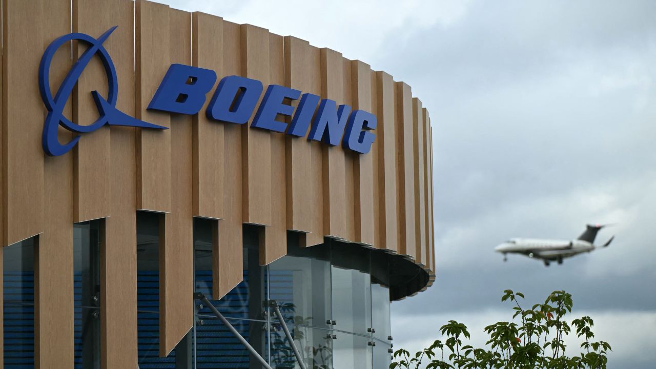 A logo is seen on the Boeing stand on the opening day of the Farnborough International Airshow 2024, south west of London, on July 22, 2024. (Photo by JUSTIN TALLIS / AFP) (Photo by JUSTIN TALLIS/AFP via Getty Images)