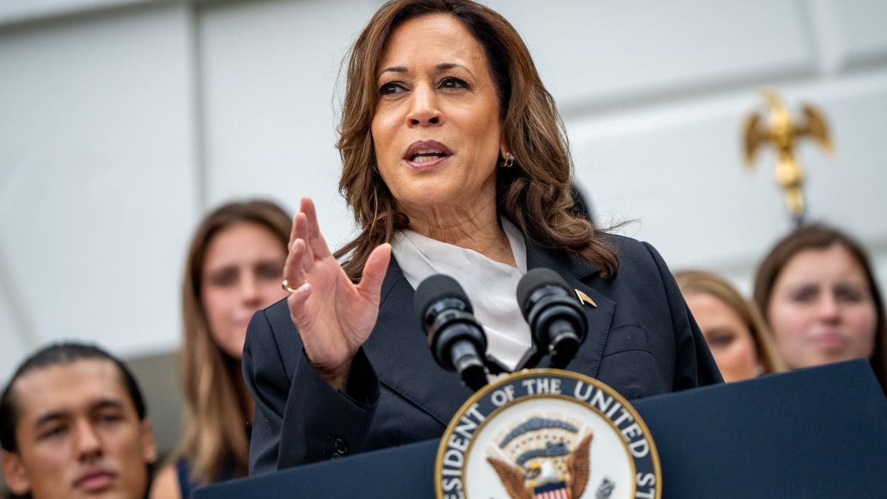 WASHINGTON, DC - JULY 22: U.S. Vice President Kamala Harris speaks during an NCAA championship teams celebration on the South Lawn of the White House on July 22, 2024 in Washington, DC. U.S. President Joe Biden abandoned his campaign for a second term after weeks of pressure from fellow Democrats to withdraw and just months ahead of the November election, throwing his support behind Harris. (Photo by Andrew Harnik/Getty Images)