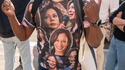 SAN FRANCISCO, CALIFORNIA - JULY 22: Attendee Adrian Chang wears a shirt showing his support as members of the San Francisco Democratic Party rally for Kamala Harris, following the announcement by US President Joe Biden that he is dropping out of the 2024 presidential race, on July 22, 2024 at City Hall in San Francisco, California. Biden has endorsed Harris to be the Democratic nominee. (Photo by Loren Elliott/Getty Images)