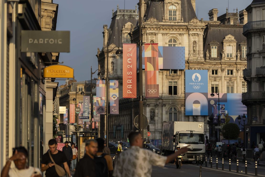 Paris 2024 flags are seen near Hotel de Ville in Paris.