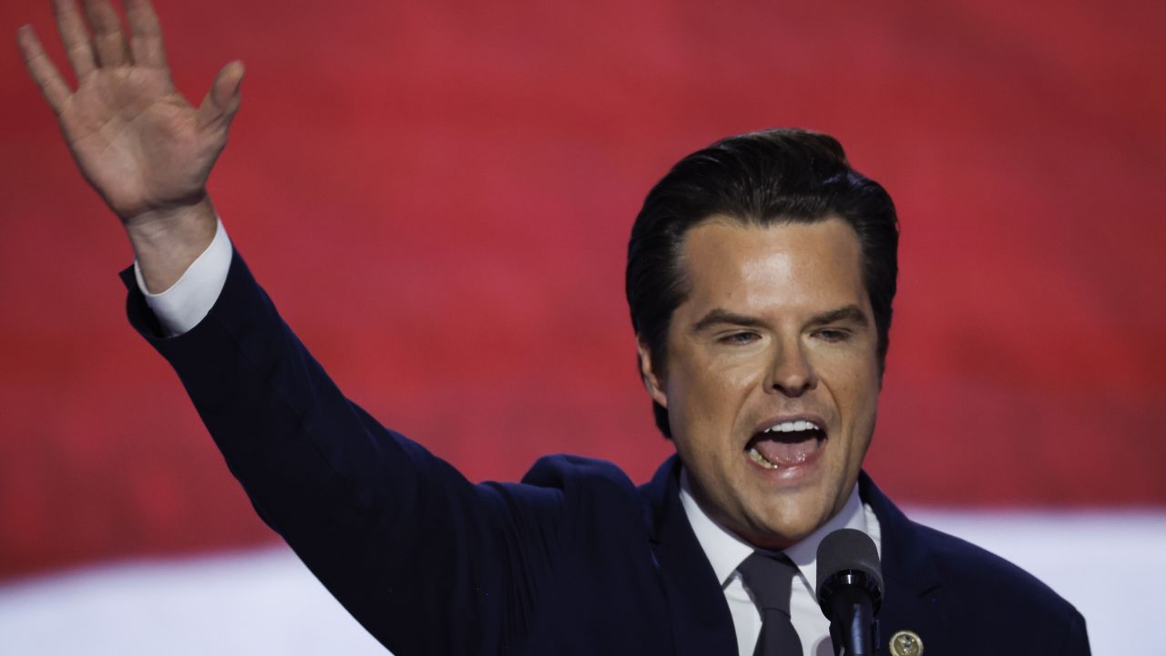 MILWAUKEE, WISCONSIN - JULY 17: U.S. Rep. Matt Gaetz (R-FL) speaks on stage on the third day of the Republican National Convention at the Fiserv Forum on July 17, 2024 in Milwaukee, Wisconsin. Delegates, politicians, and the Republican faithful are in Milwaukee for the annual convention, concluding with former President Donald Trump accepting his party's presidential nomination. The RNC takes place from July 15-18.  (Photo by Chip Somodevilla/Getty Images)