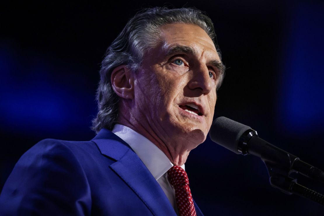 North Dakota Governor Doug Burgum speaks on the podium on the third day of the Republican National Convention at the Fiserv Forum in Milwaukee, Wisconsin on July 17, 2024.