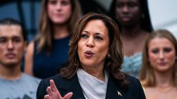 Vice President Kamala Harris speaks during an event with NCAA athletes on the South Lawn of the White House on July 22, 2024.